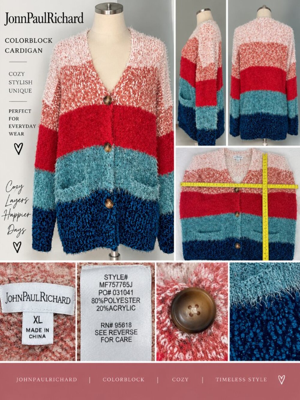 JohnPaulRichard Women’s XL Fuzzy Colorblock Cardigan Sweater Teal Red Pink